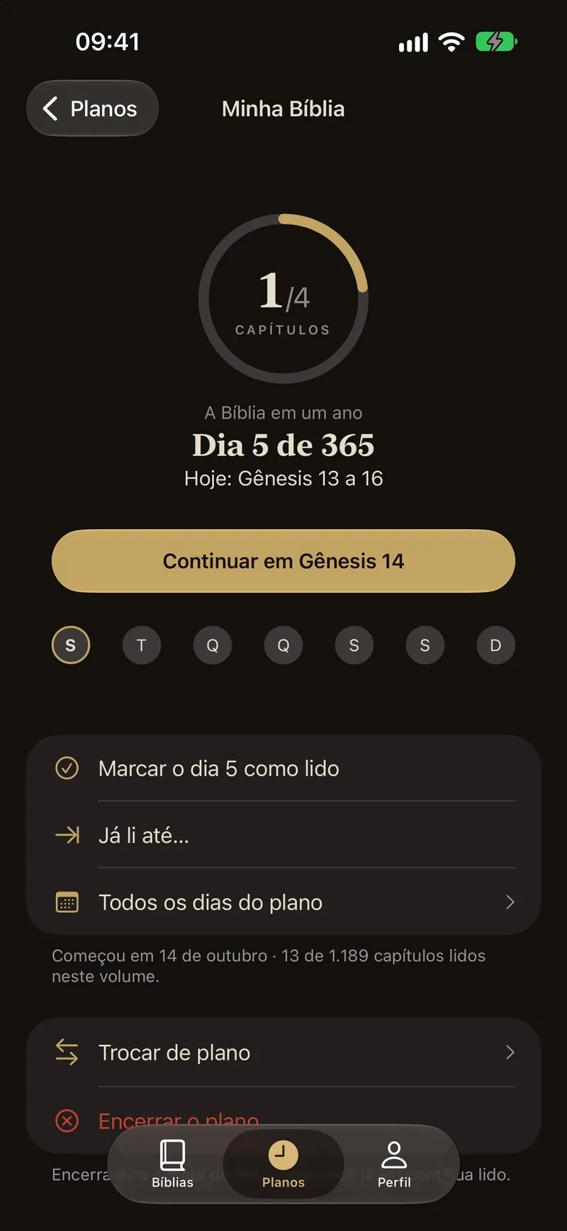 The plan A Bíblia em um ano, with its days and ring; a finished day in gold