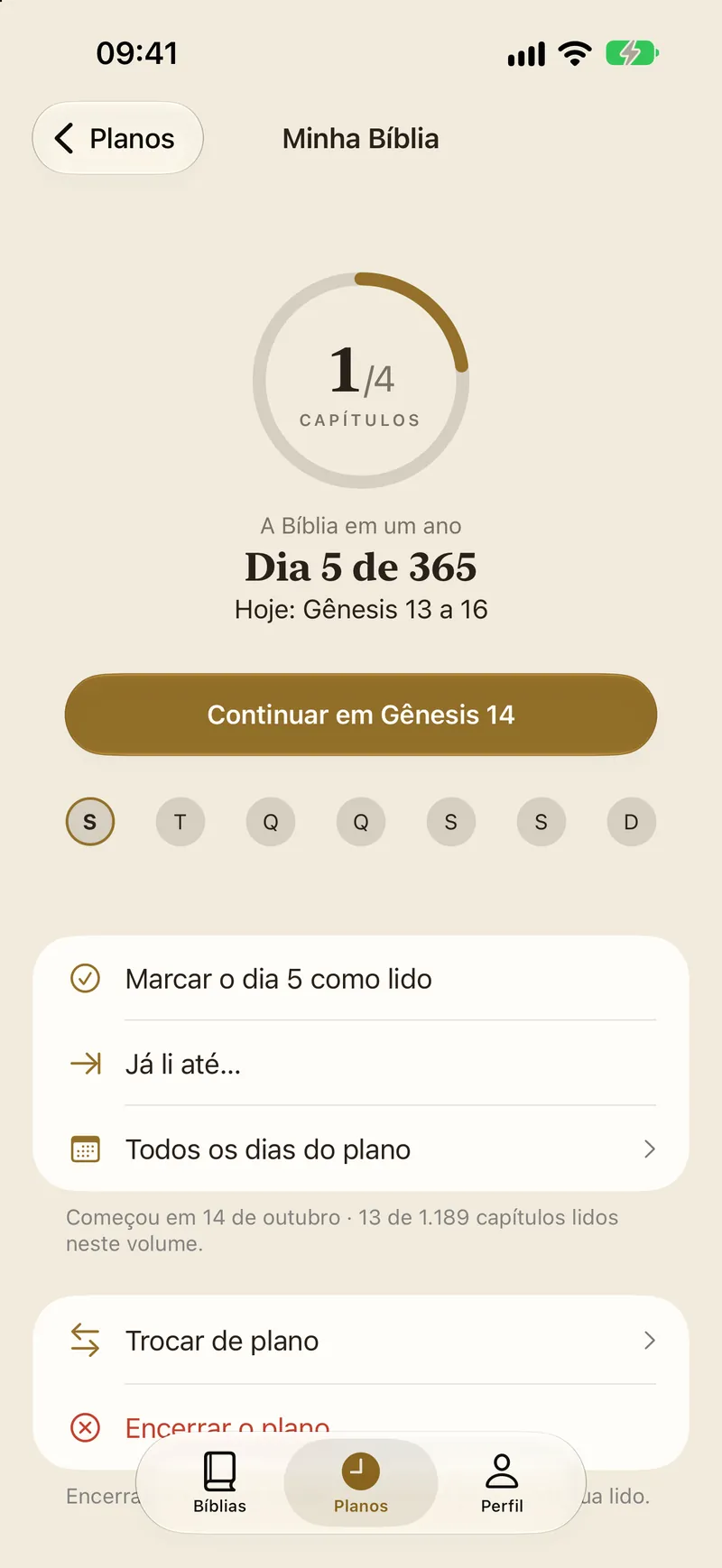 The plan A Bíblia em um ano, with its days and ring; a finished day in gold