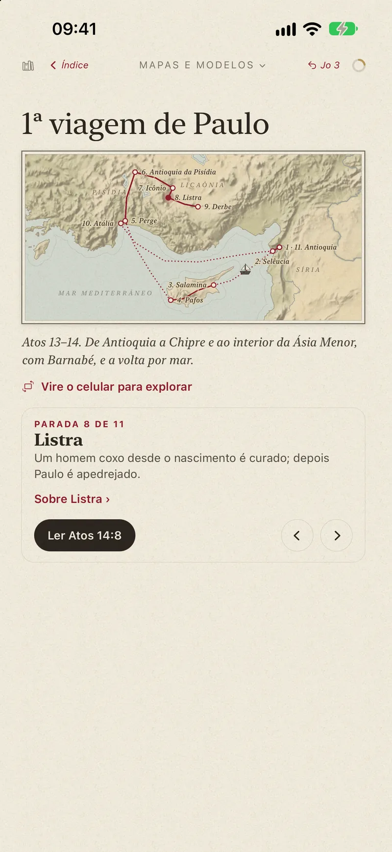 The page of the map of Paul’s first journey, with the card for Lystra